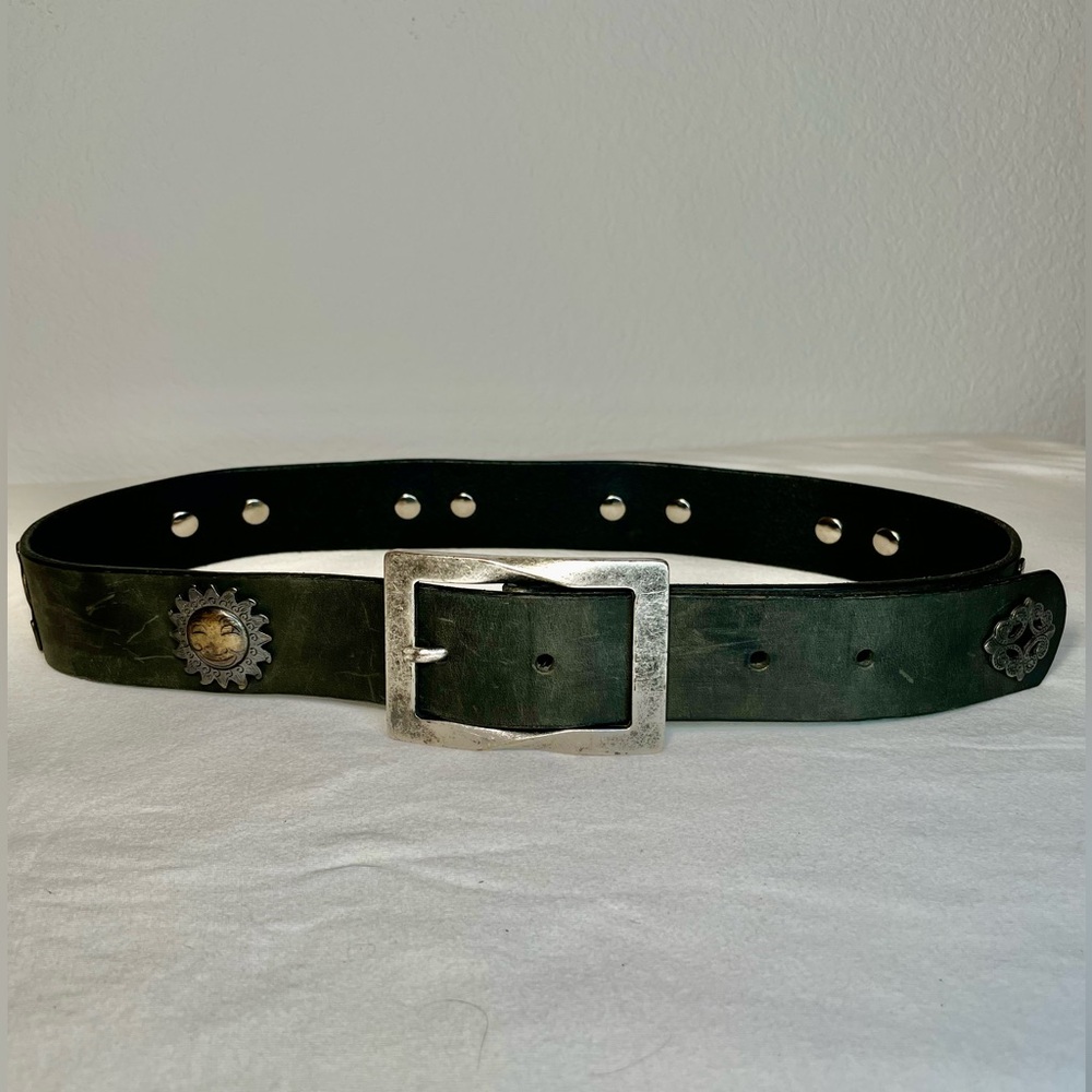 F. I. M. Italia Black Italian Leather Belt with Silver Buckle & Western Accents